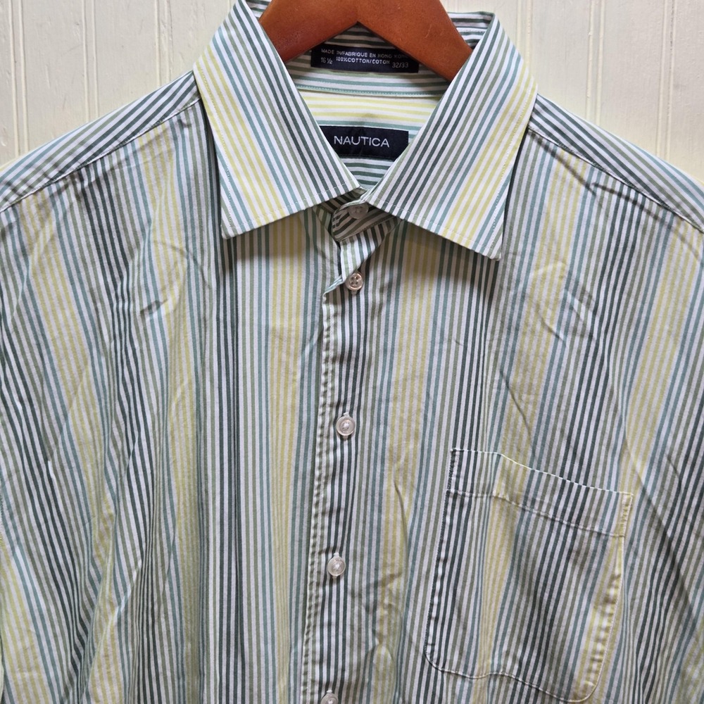 Nautica Shirt Mens Large Green Stripe Long Sleeve Button Front Cotton Casual
